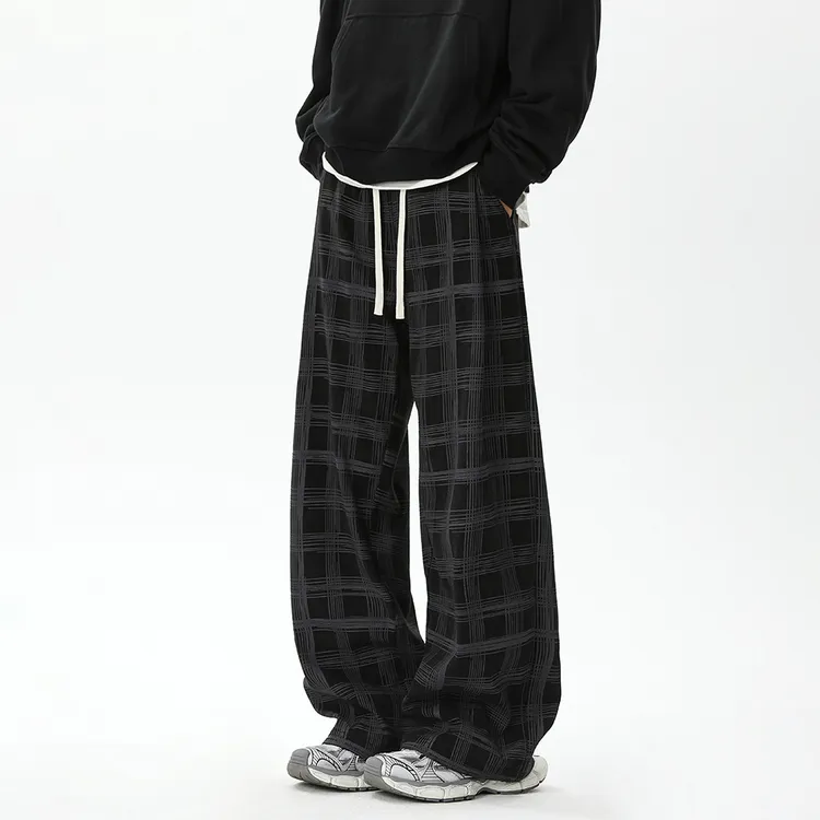 GS夏季新款透气格子休闲裤男款时尚潮牌宽松速干垂感百搭直筒裤子