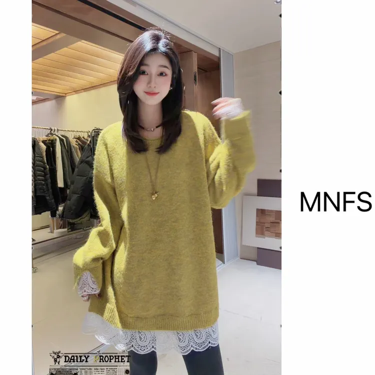 [麦霓定制]韩系套头蕾丝拼接慵懒风毛衣2777