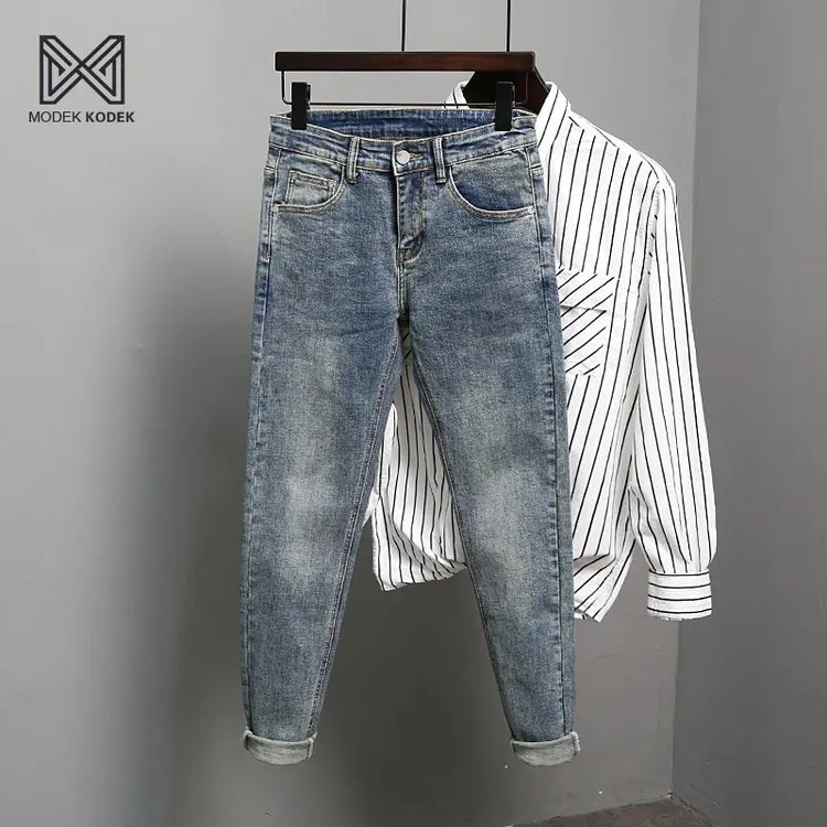 MODEK KODEK男士九分牛仔裤2025春秋新款美式潮牌修身百搭小脚裤