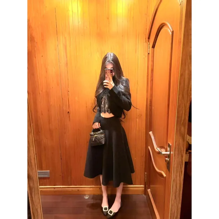 韩系气质慵懒风套装女装2025新款短款高领针织衫a字半身裙两件套