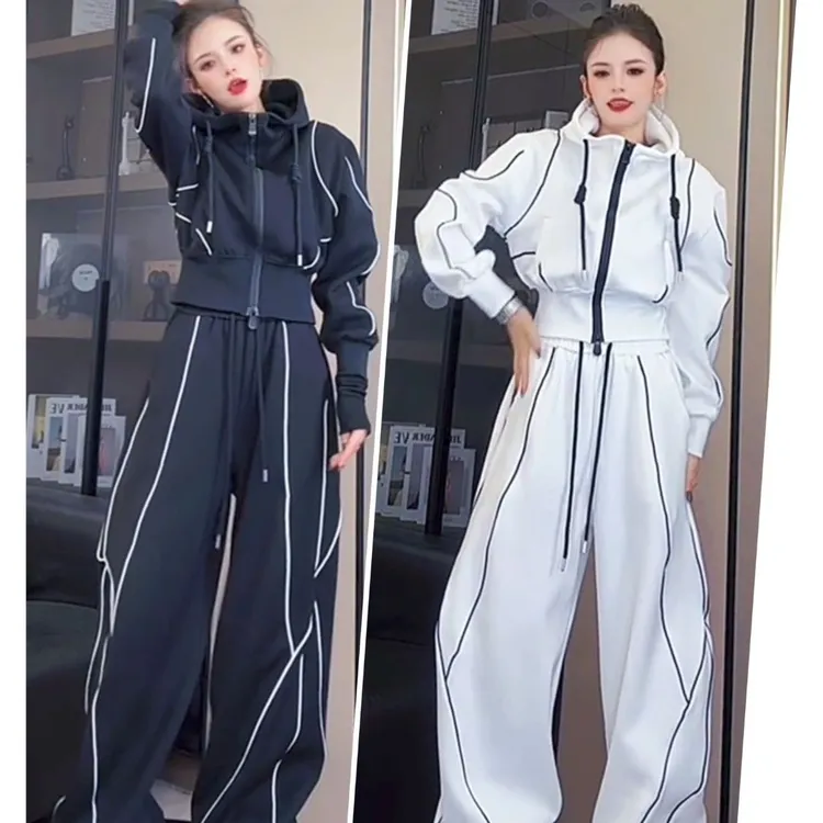 欧货女士连帽长袖条纹松紧常规款休闲套装修身通勤阔腿百搭时尚