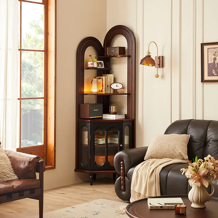 美式复古实木客厅转角柜三角柜法式墙角柜置物架靠墙一体储物柜子