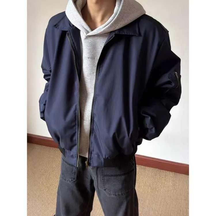 美式cleanfit翻领外套男款秋冬夹棉加厚飞行夹克高级感短款棒球服