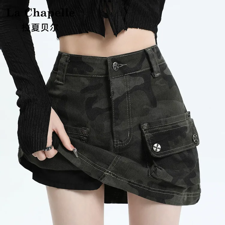 拉夏贝尔迷彩工装裙短裙2025流行牛仔半身裙女夏显瘦包臀洋气裙子