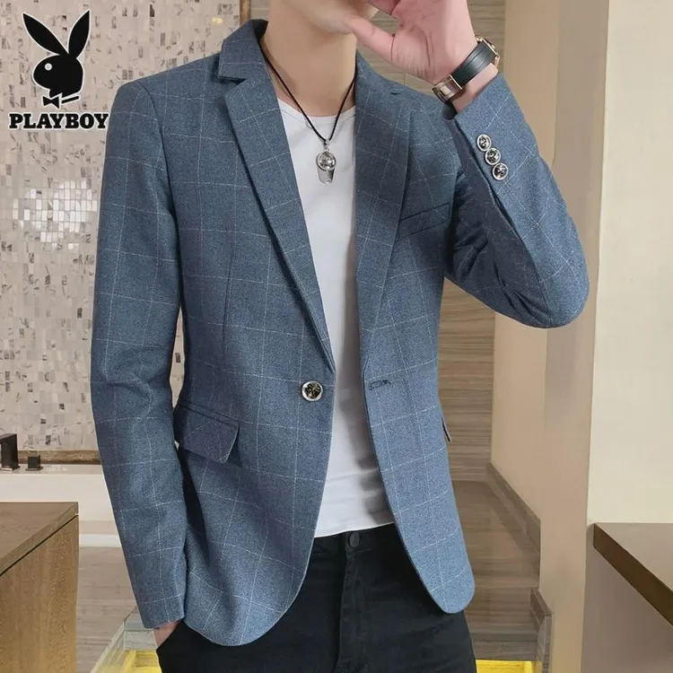 花花公子花花公子冬季休闲格子西服男士潮流修身单西高级感小西装