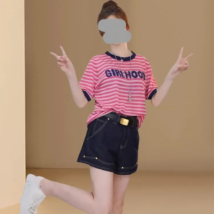 欧货条纹撞色字母印花圆领短袖T恤高腰牛仔短裤女夏季时尚套装