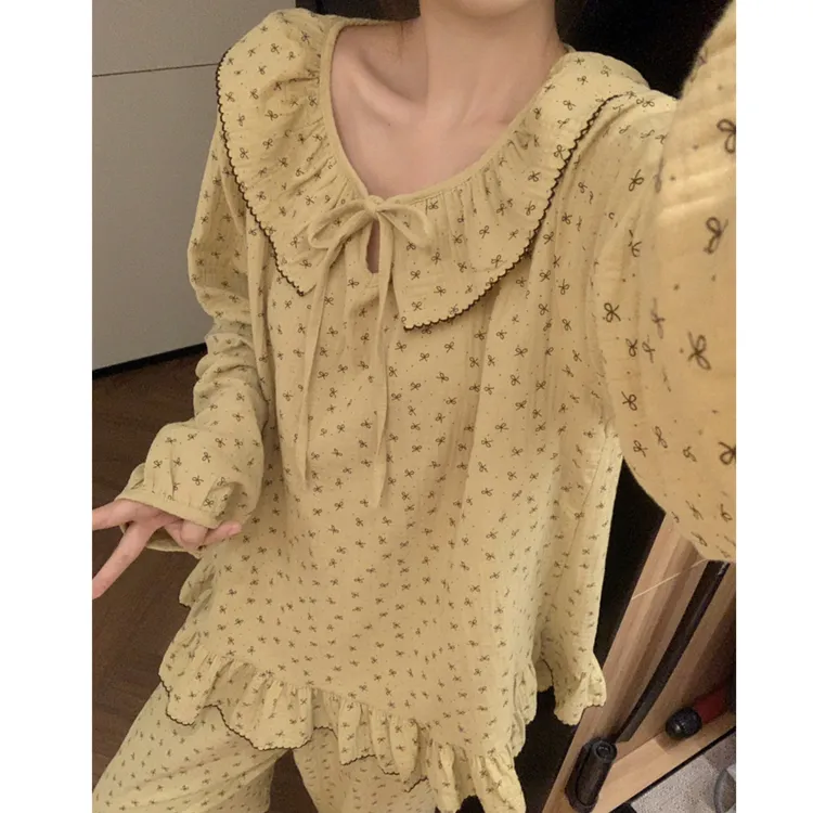 可爱甜美碎花娃娃领纯棉睡衣女款春秋季长袖长裤双层纱家居服套装