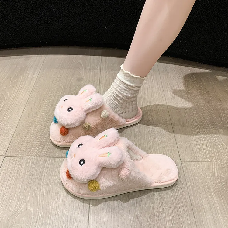 秋冬新款大码毛毛拖鞋女居家室内情侣款可爱兔子毛绒绒包头棉拖鞋