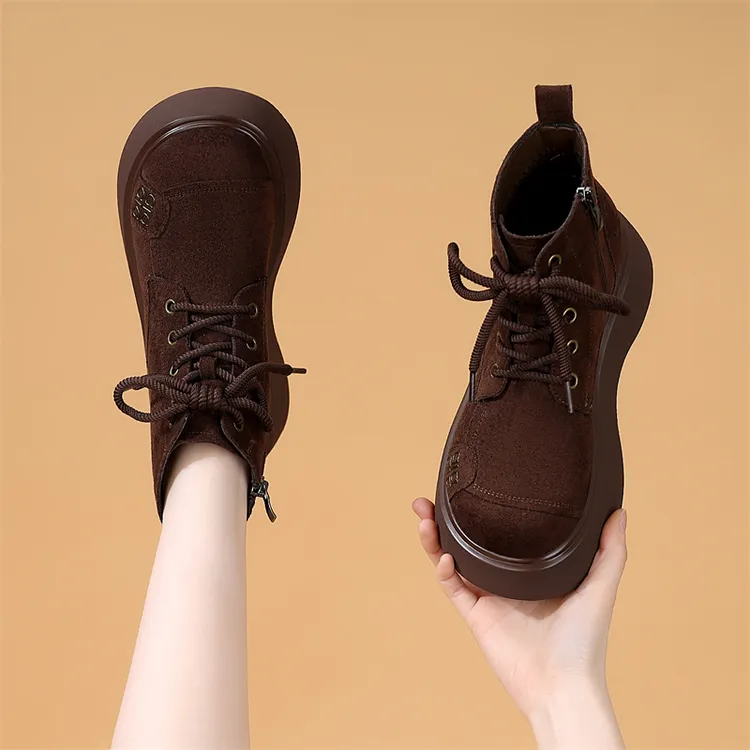 韩版圆头勃肯绒布面厚底马丁靴女2025秋冬系带短靴增高显瘦工装靴