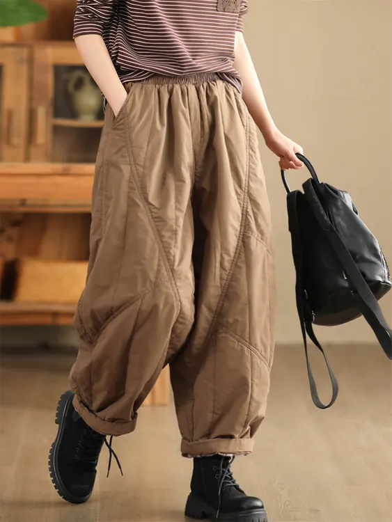 冬季纯色全棉加厚夹棉棉裤女时尚洋气拼接宽松保暖靴裤哈伦萝卜裤