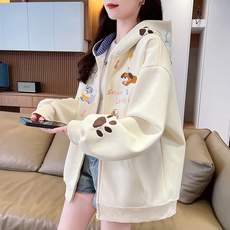 13女大童小狗刺绣拼接连帽卫衣开衫春秋14女孩15初中生棒球服外套