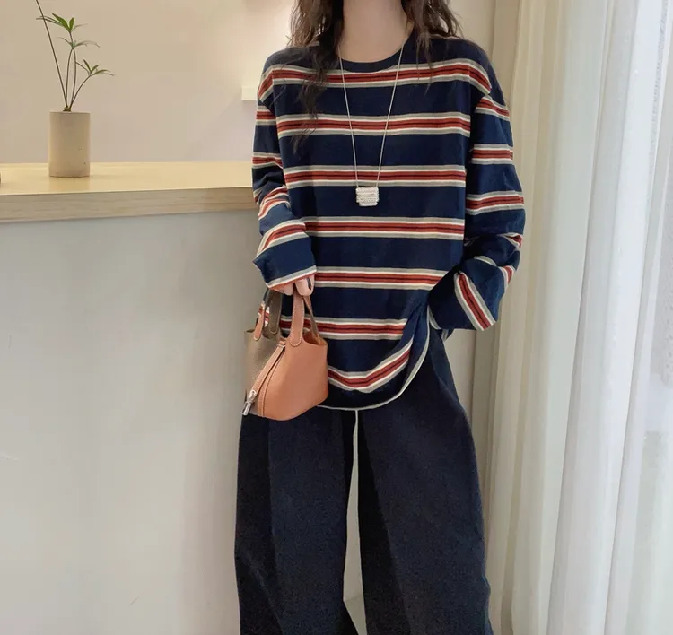欧货早秋新款简约宽松大版长袖条纹T恤休闲百搭上衣女减龄打底衫