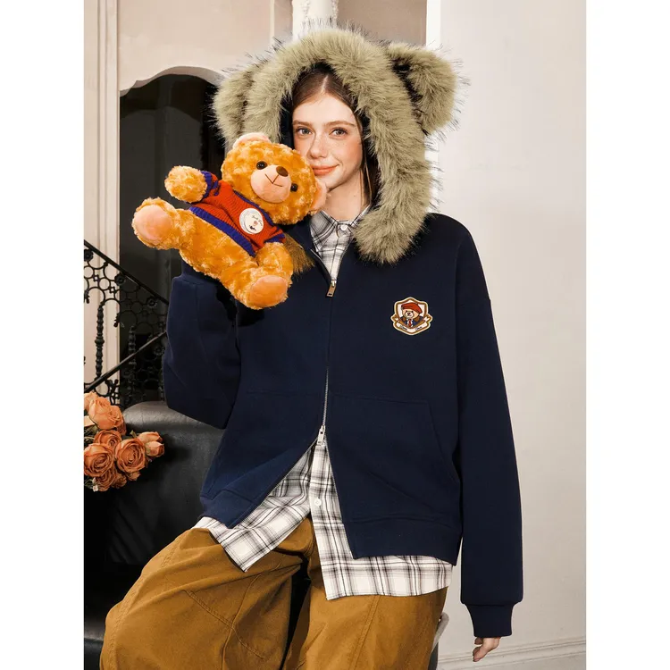 2025秋冬新款 【小熊耳朵】毛领开衫外套女百搭市场秋休闲连帽卫衣