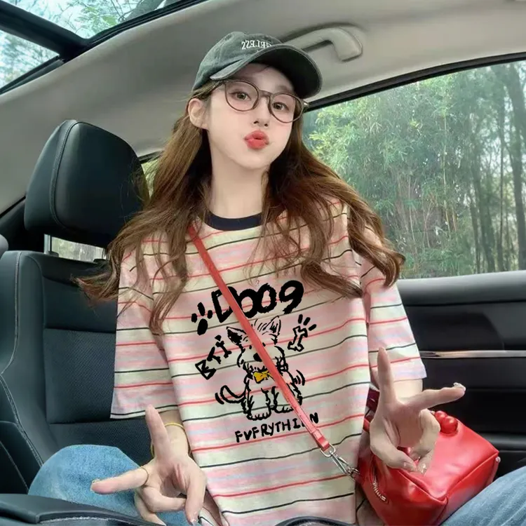 小狗撞色条纹短袖t恤女2025新款夏季美式宽松设计感休闲上衣