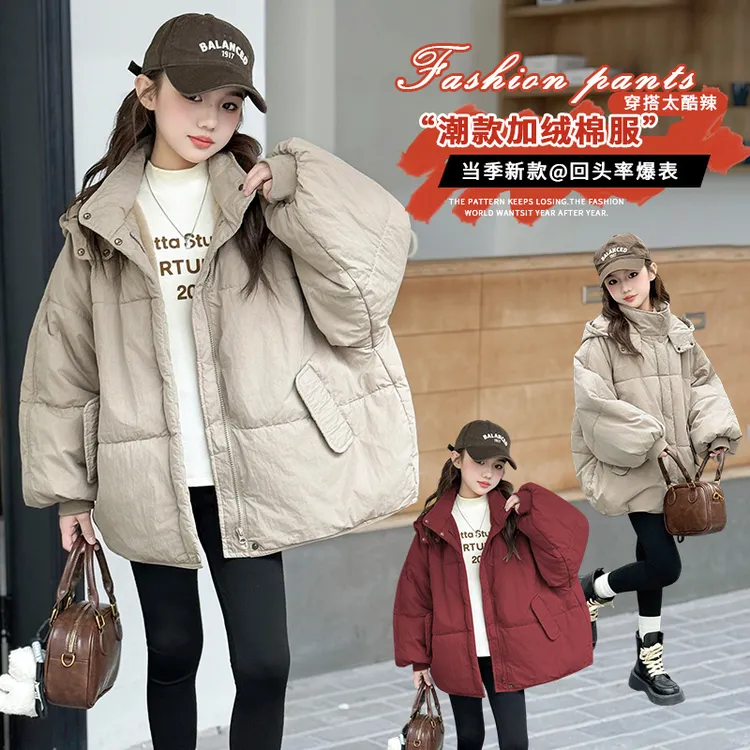 女童冬季韩版加绒加厚连帽棉服外套中大童初中生洋气儿童冬装棉衣