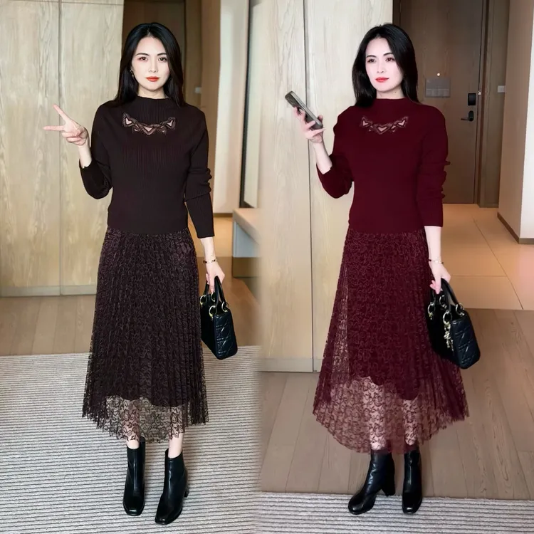 蕾丝拼接针织连衣裙女秋冬新款收腰显瘦气质中长款显瘦打底毛衣裙