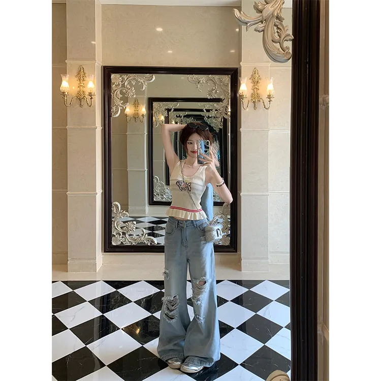 春夏刺绣弹力包裹针织背心上衣女复古破洞宽松加长拖地直筒阔腿裤