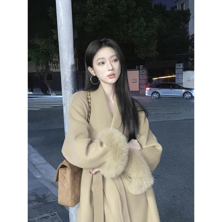 山野颂 高级感毛呢外套女秋冬袖女款可双面大码红色毛呢外套