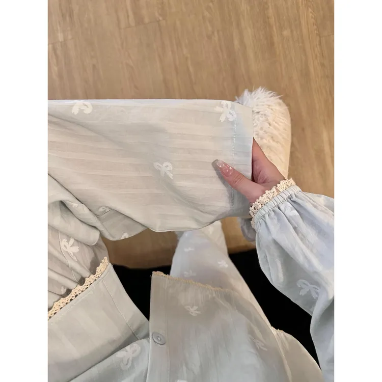 韩系甜美蝴蝶结花边睡衣女春秋新款长袖长裤套装大码家居服可外穿