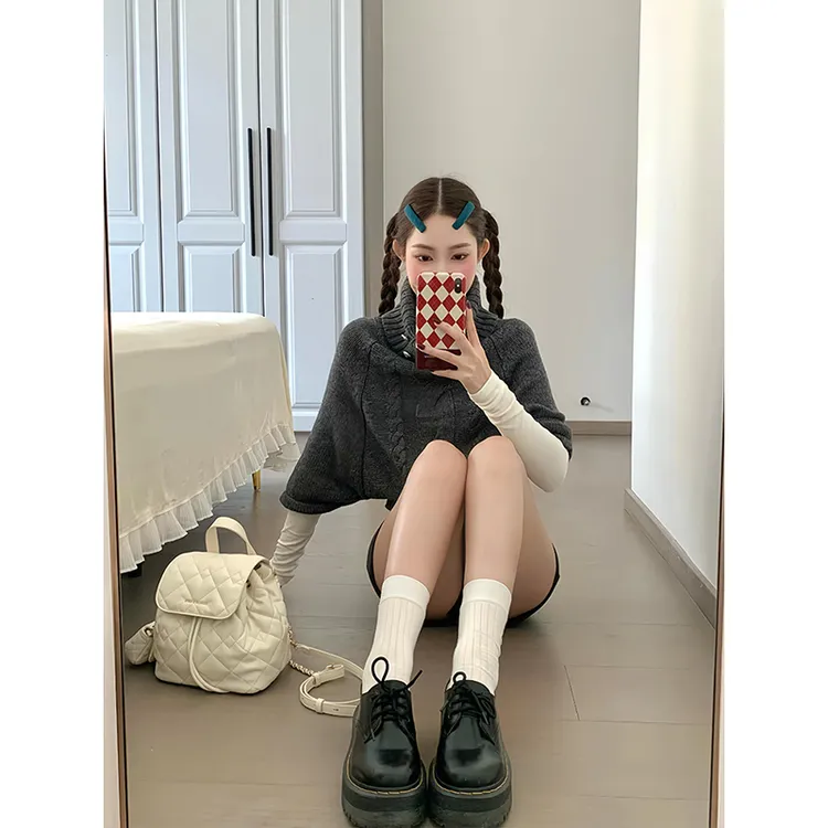 早秋季慵懒风高级感针织衫内搭打底上衣韩系黑灰色高领套头毛衣女