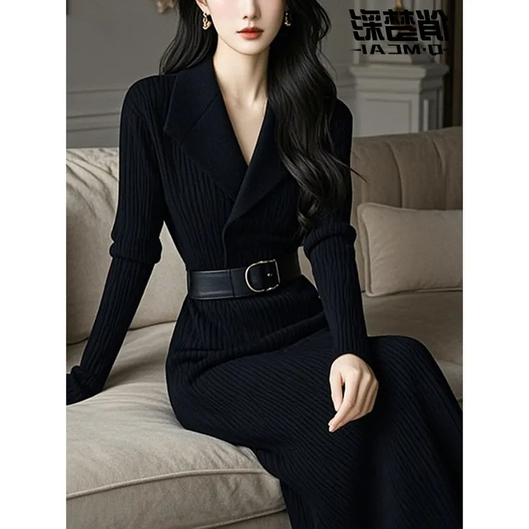 法式赫本风打底针织连衣裙女士秋季今年流行爆款小黑裙高级感裙子