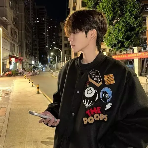 美式高街痞帅黑八刺绣贴布棒球服男百搭潮牌宽松情侣夹克外套