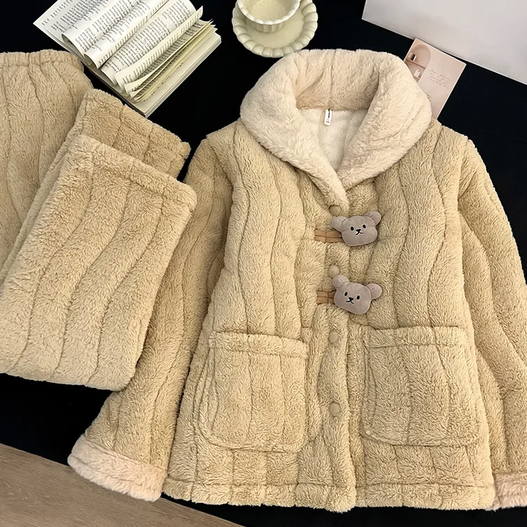 冬季睡衣女款三层夹棉加厚加绒新款冬款珊瑚绒甜美洋气家居服套装