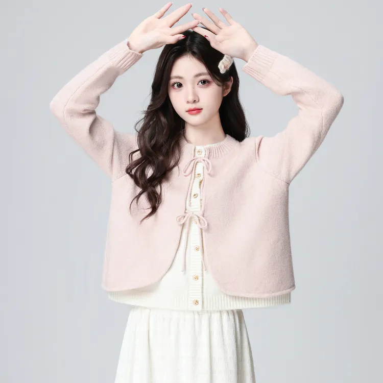 粉色假两件毛衣女秋冬2025冬新款撞色拼接蝴蝶结系带针织开衫上衣