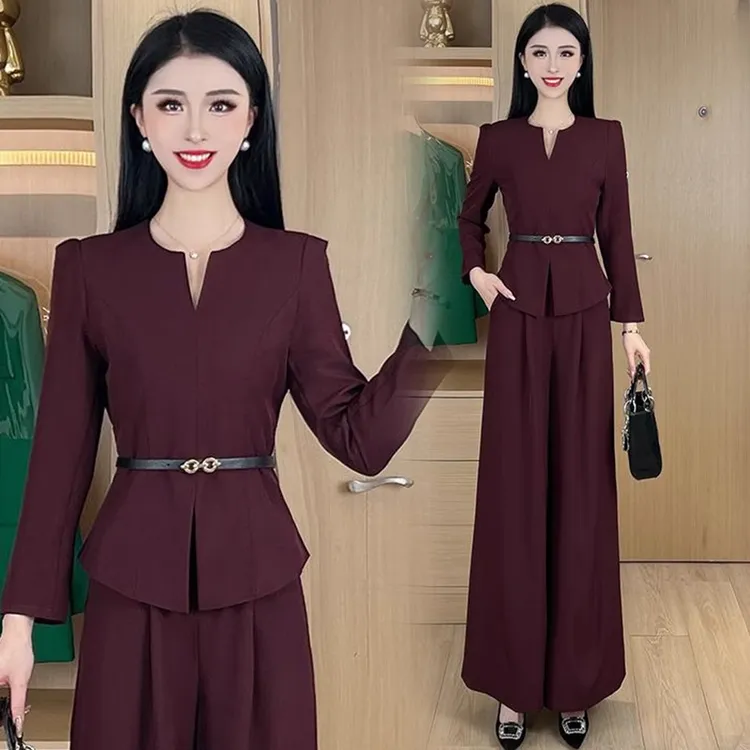 时尚套装女2025春季新款款洋气显瘦法式收腰V领上衣阔腿裤两件套