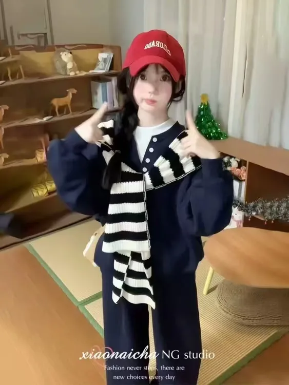 时髦条纹秋季休闲运动套装加厚休闲长款春秋网红洋气