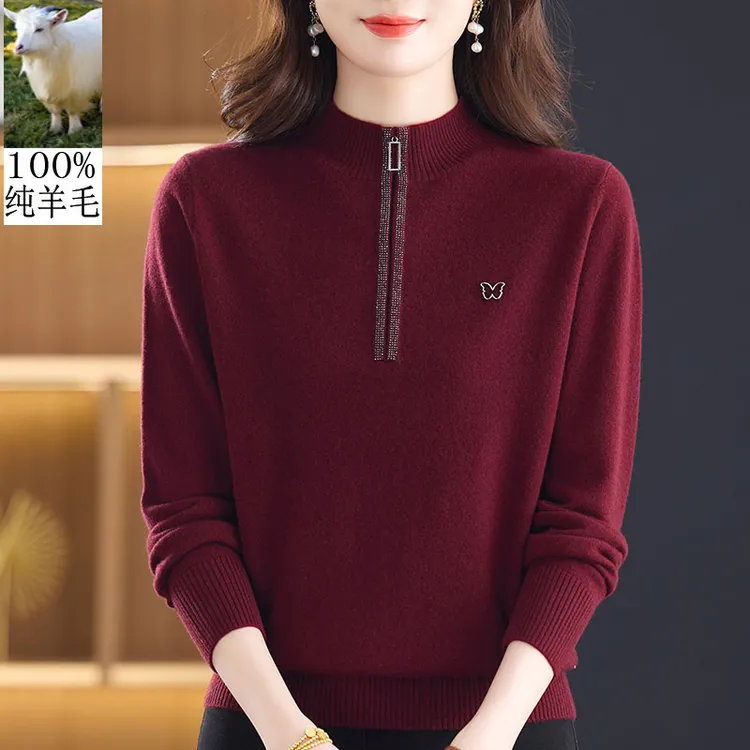 时尚妈妈装冬季半高领保暖针织100%纯羊毛套头毛衣纯色百搭打底衫