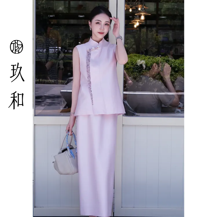 【玖和】淡紫色手工绣珠桑蚕丝马甲半裙套装JHC25S421+JHC25B434