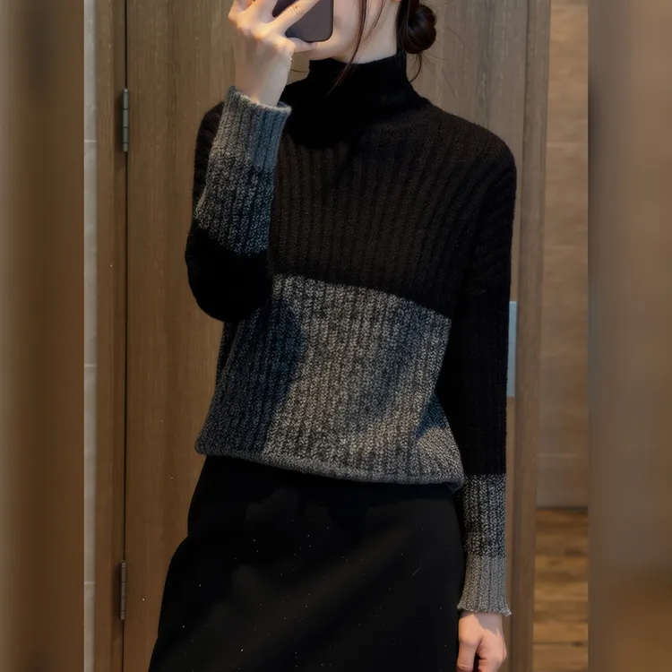 毛衣韩系撞色轻奢长袖针织衫显瘦上衣2025冬装流行内搭打底衫上衣