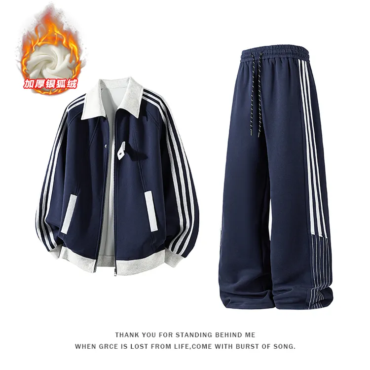 拼接撞色三条杠卫衣卫裤两件套男款秋冬加绒潮牌痞帅休闲运动套装
