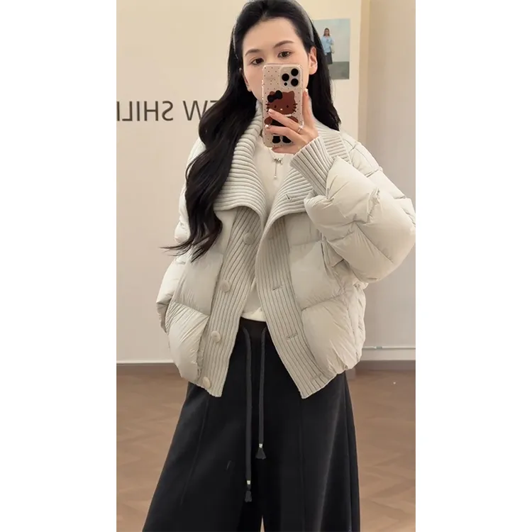 parkyeon秋冬新款米白色大翻领针织拼接棉服外套阔腿休闲裤套装