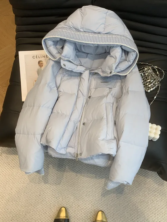 2025年冬装新款流行气质短款棉服棉衣毛线针织拼接连帽领潮流外套