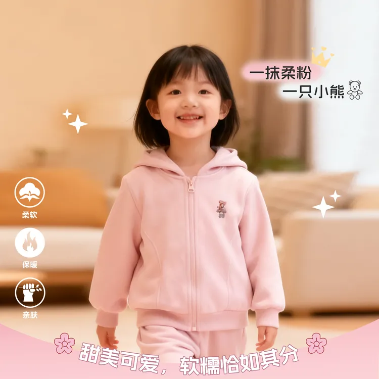 【云朵小葵】女童秋季新款小熊纯色纯色连帽外套991901