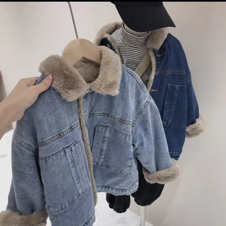 儿童中性加绒牛仔外套新款时尚洋气百搭中小童秋冬毛毛牛仔衣FH