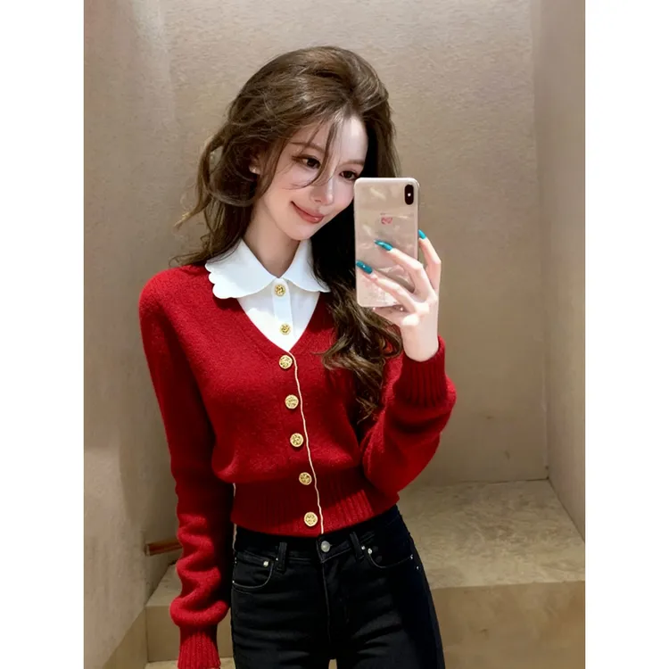 红色假两件针织上衣女冬本命年新年高端时髦洋气巨好看掐腰毛衣厚