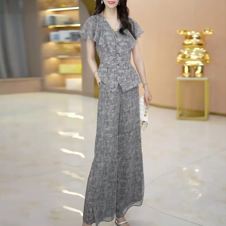 今年流行爆款两件套裤2025新款夏季通勤女装高级感灰色阔腿裤套装