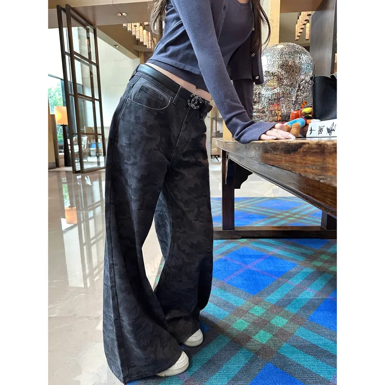 日韩灰调迷彩牛仔裤女2025秋时尚小众直筒宽松显瘦阔腿休闲裤长裤