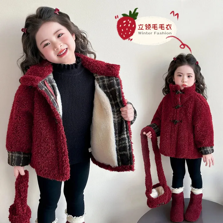女童冬季外套毛毛衣新款儿童加厚加绒超厚格子拼色上衣羊羔绒童装