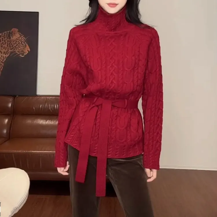 【系带毛衣】宽松高领麻花套头针织衫女2025秋冬新款百搭长袖毛衣
