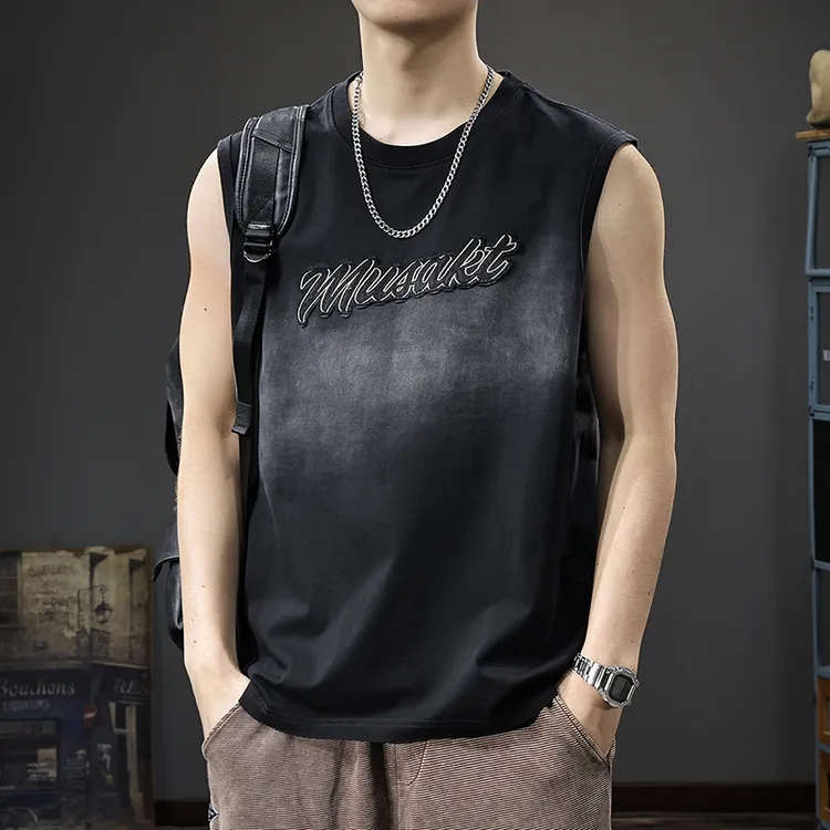 景君澜夏季新款美式潮流男背心潮牌休闲运动水洗渐变薄款T恤上衣