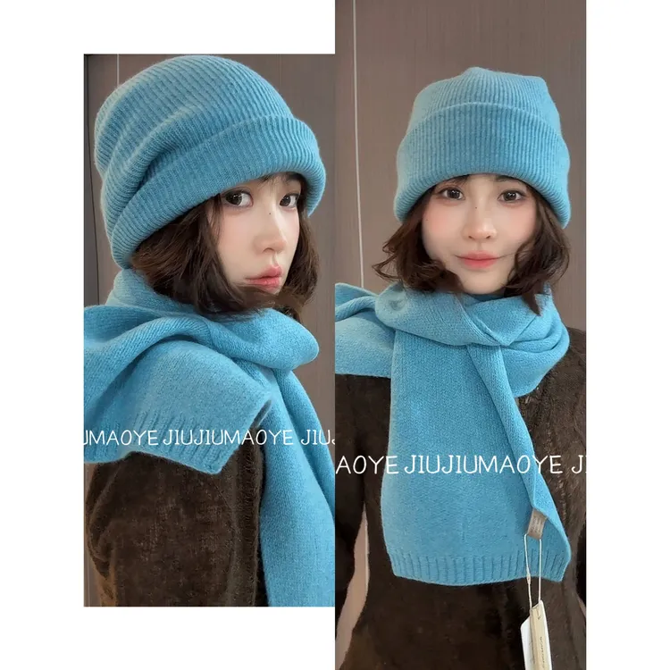 【100%澳洲羊毛】秋冬季针织帽子围巾轻职风成人通用保暖围巾时尚