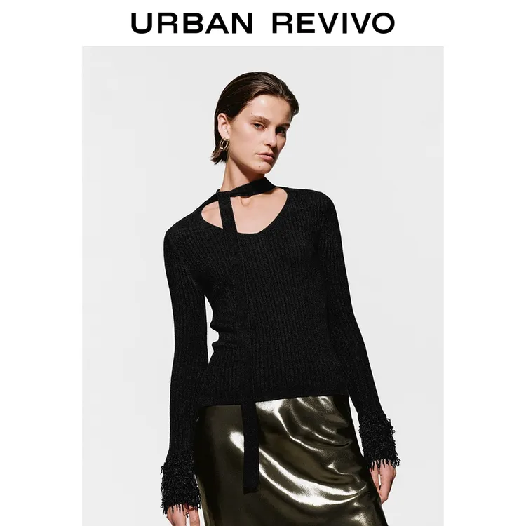 UR2026春季新款女装气质绑带流苏修身短款针织衫UWG950271