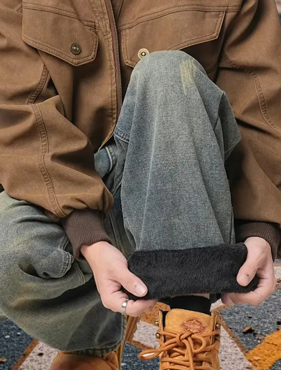 【加厚加绒*1】2025冬季潮牌美式复古直筒阔腿牛仔裤弯微喇男款
