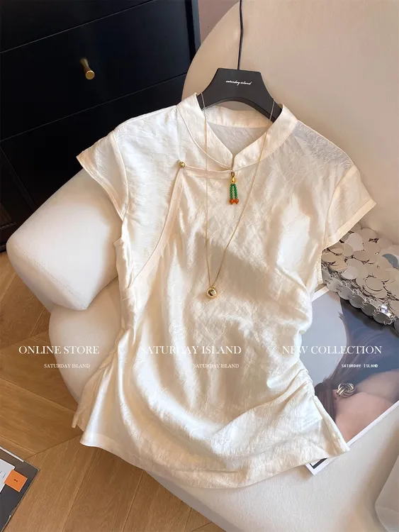 新中式国风提花盘扣立领飞飞袖衬衫女2025夏褶皱收腰显瘦气质上衣