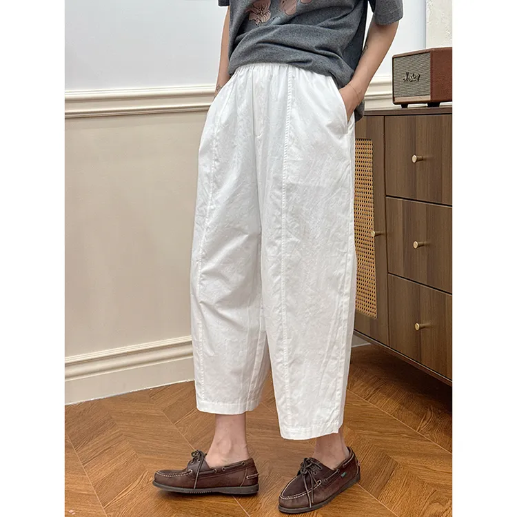 LANGQING 薄款气球裤垂感九分阔腿白色竖纹休闲裤43819/44015#