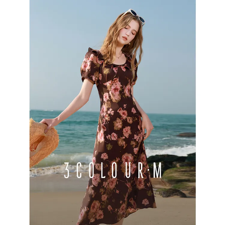 0159【金拐子专属】三彩2025春季新款荷叶边圆领玫瑰印花连衣dbx
